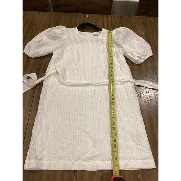English Factory Check Print Mini Dress Belted Waist Puff Sleeve White Small - Picture 4 of 11